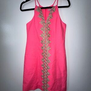 LILLY PULITZER SIZE 2. Elegant Pink Halter Dress with Gold Embroidery